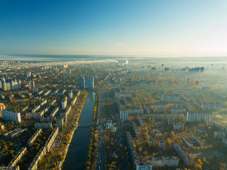 Aerial drone view. Dnieper River in Kiev.