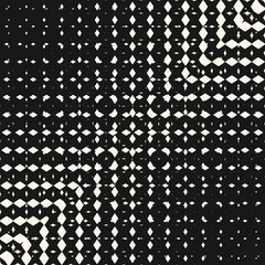 Black and white abstract geometric pattern with halftone square tiles. Vector monochrome minimalist background with gradient transition effect. Optical art. Trendy dark repeat design for decor, covers