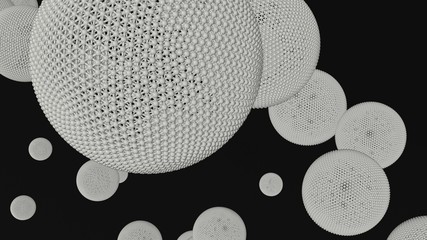 Abstract luxury background with white spheres, pseudo scientific and minimalist black bacground, 3d rendering