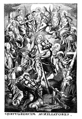 Antique vintage religious allegorical engraving or drawing of man surrounded by saints and patrons. Latin text say fourteen helpers.Illustration from Book Die Betrubte Und noch Ihrem Beliebten