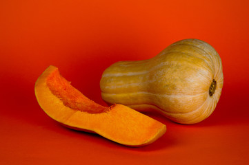 Ripe elongated pumpkin, a very healthy product, shot on a bright orange background