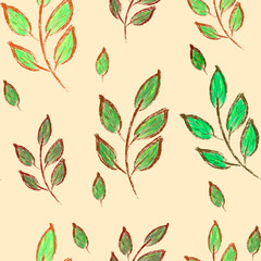 Spring pattern. seamless pattern with green leaves and branches on light orange background. Summer print. Elegant pattern. Luxury print, packaging, wallpaper, textile, fabric design
