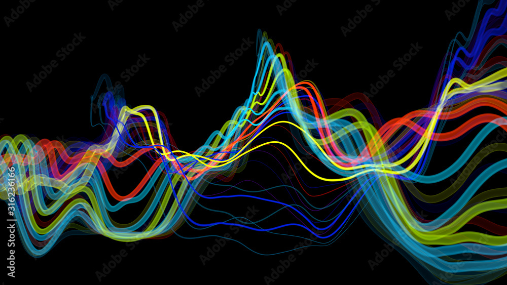 Poster 3d render of bright colorful 3d lines. sound waves concept. abstract background with deformed lines.