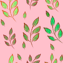 seamless pattern with green leaves on pink background. Hand-drawing. Spring pattern. Fabric, textile, print, packaging, wallpaper design
