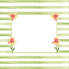 Background from watercolor green stripes and flowers on a white background. Use for wedding invitations, birthdays, menus and decorations