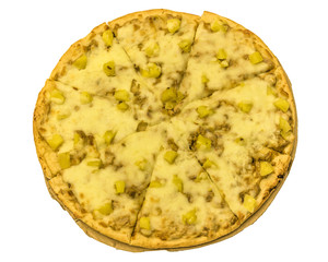 Studio shot thin base pizza with cheese and pineapple isolated on white