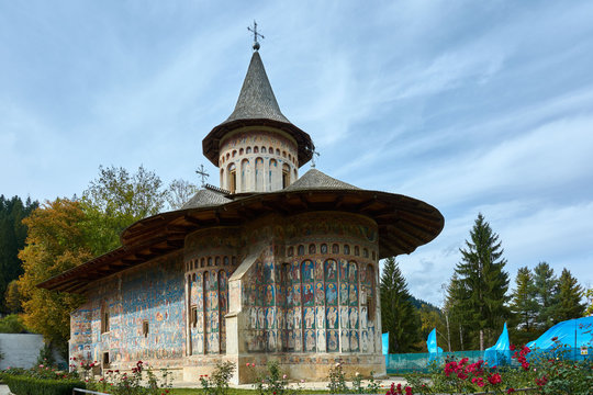 Voronet Monastery, founded in the 15th century, located in Voronet, Romania. Stone religious building of Christian Orthodox church built with painted walls.