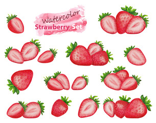 Hand Drawn Watercolor Red Strawberry Set for Design. Elements and Compositions Isolated on White Background. 