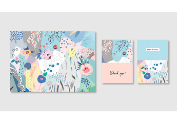 Set of Hand Drawn Floral Card Layouts and Poster