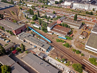 Aerial drone view. Kiev metro train at the entrance to the depot
