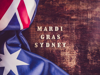 Fototapeta na wymiar Mardi Gras Sydney. Beautiful card. Top view, closeup