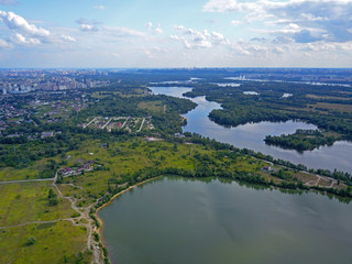 Aerial drone view. Tributaries of the Dnieper near Kiev.