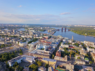 Aeiral drone view. View of the Dnieper and the right bank of Kiev.