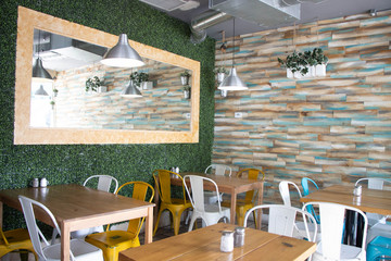 table and chairs in cafe