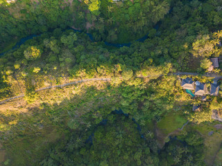 Aerial top view of Campuhan Ridge Walk, Quiet morning scenic Green Hill in Ubud Bali, Indonesia