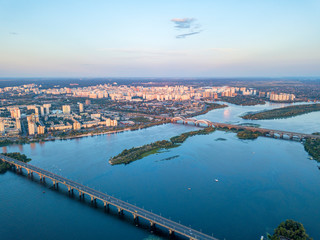 Aeiral drone view. Dnieper river in Kiev at sunset.