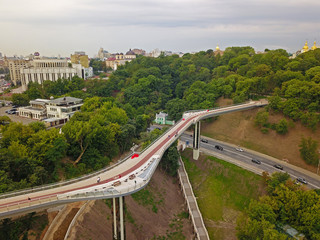 Aeiral drone view. Glass foot bridge in Kiev.