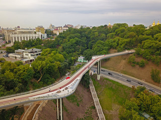 Obraz premium Aeiral drone view. Glass foot bridge in Kiev.