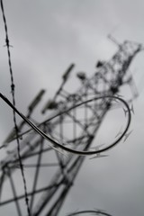 barbed wire on background of gray sky
