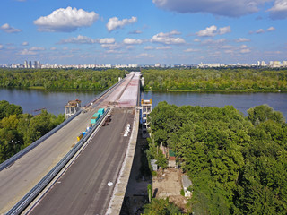 Aeiral drone view. The bridge under construction over the Dnieper in Kiev.