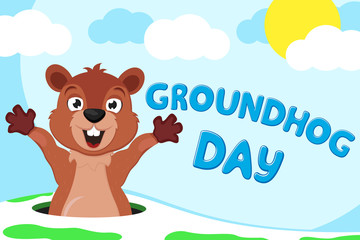 Groundhog is awake and stretching on nature background. Groundhog day.
