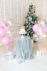 One year birthday decorations. A lot of balloons. 