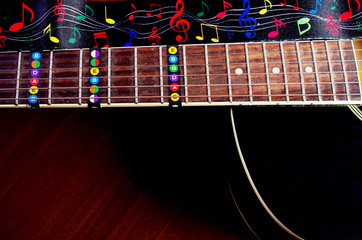 Guitar fretboard and guitar strap with the image of colored notes or signs. Close-up.