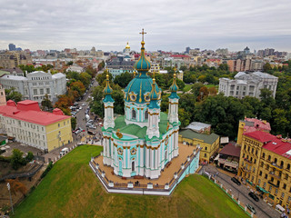 Aeiral drone view. St. Andrew's Church in Kiev.