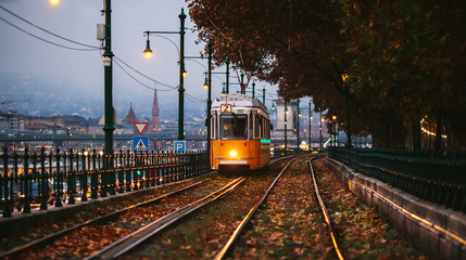 A yellow tram travels on route number 2 along the banks of the Danube. Cloudy autumn evening in...