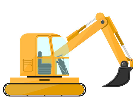 Excavator. Design Of A Cool Large New Construction Equipment In Yellow. Steel Reliable Mashira For Land Robot.