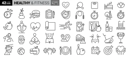 Poster Sport and fitness - minimal thin line web icon set. Outline icons collection. Simple vector illustration © FourLeafLover