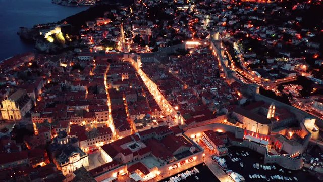 Dubrovnik Croatia Night Landscape  - Aerial Drone Footage