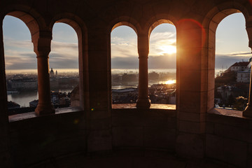 View of morning Budapest from the Fisherman's Bastion. Sunrise over the city.