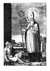 Antique vintage religious allegorical engraving or drawing of Christian holy man saint Stapin.Illustration from Book Die Betrubte Und noch Ihrem Beliebten..., Austrian Empire,1716. Artist I.I.Wolff.