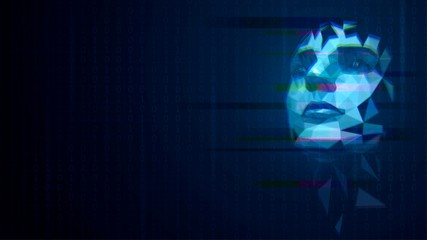Blue luminous low poly hologram with a human face with glitch effect on a dark background