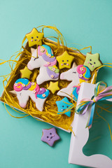 Fototapeta na wymiar unicorn shaped cookies in a gift box