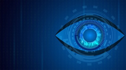 Blue glowing digital eye, robot eye or retina recognition, technology background