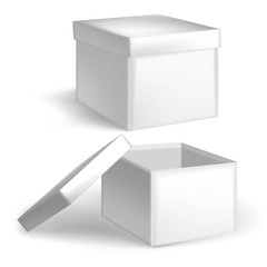 Two white cardboard boxes on a white background: open and closed