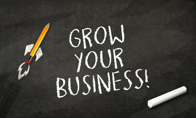 Chalkboard with business message Grow your business and rocket pencil
