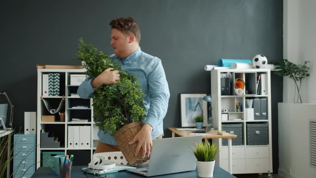 Funny guy is dancing with green pot plant in modern office having fun indoors enjoying crazy activity in worplace. Happiness, creativity and youth concept.