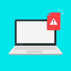 Laptop with exclamation mark notifying about error or threat. Error window, exit button, no, cancel, 404 error page not found concepts. Modern long shadow flat design. Vector illustration.