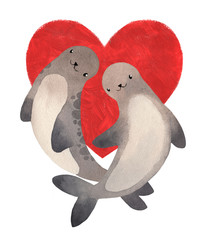 Valentine's Day template. Love and couple relationship watercolor illustration with cute seals. Big vibrant red heart