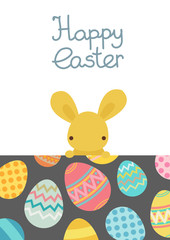 Vector flat cute kawaii yellow Bunny. Rabbit character with hand drawn lettering and decorative colored eggs pattern