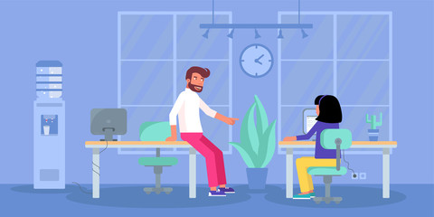 Man and woman colleague sharing open workspace