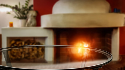 Desk of free space and home interior with fireplace 