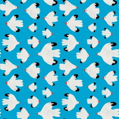 Hand drawn white birds with red beaks. Colorful seamless pattern. Blue background. Wallpaper, wrapping paper. Naive art