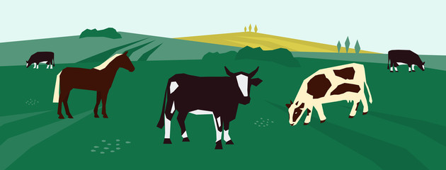 Background for farming or livestock company. Vector illustration of cows and horse in pasture. Farm animals on agricultural field. Rural landscape with dairy cattle. Design for flyer, poster, banner.