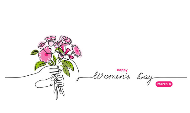 Bouquet's Vector Sketch. Happy Women's Day Lettering.  March 8 Greeting For Web Design, Background, Card. One Continuous Line Drawing Of  Flower Bouquet.