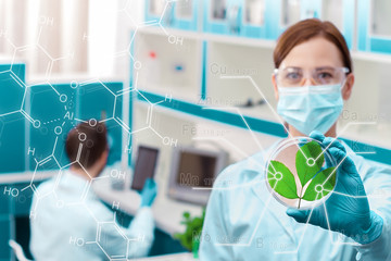 Portrait of woman doctor is holding petri dish with leaves on background of laboratory. Scientists...