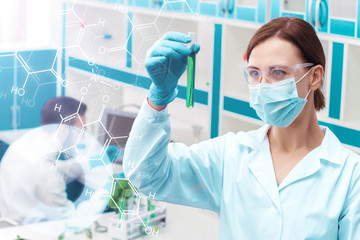Portrait of woman doctor is researching test tube with chemical liquid on background of laboratory....